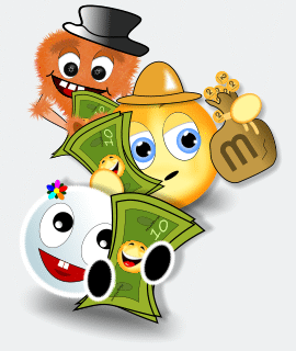 Bild zeigt 3 MaxSmilies mit Geldb�ndel und Gelds�cken in der Hand